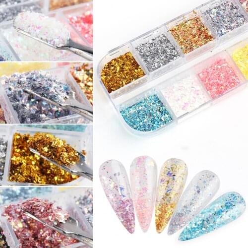 12 Grids/Box Nail Foils Irregular Summer Effect Smooth Gold Silver DIY Manicure Flakes for Beauty Summer Shiny Nail Chunkys