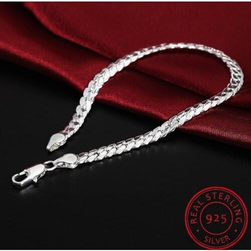 Women Sterling Silver plated Bracelet Fine Jewelry 5MM 20cm Snake Flat Male Chain Bracelet Armband/pulsera for Men