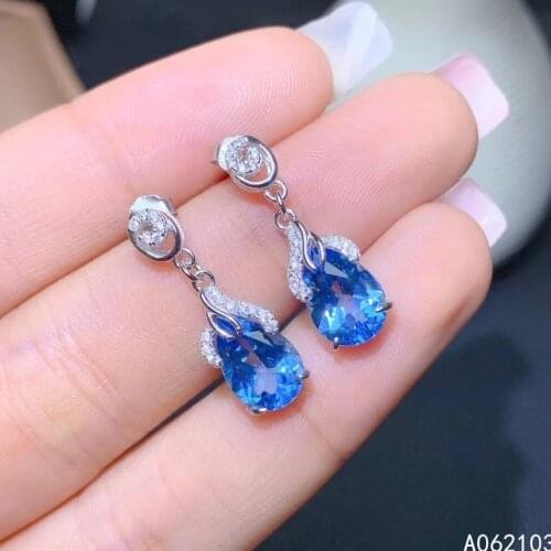 KJJEAXCMY 925 sterling silver inlaid natural Blue Topaz Womens exquisite elegant OL style water drop gem earnails earrings supp
