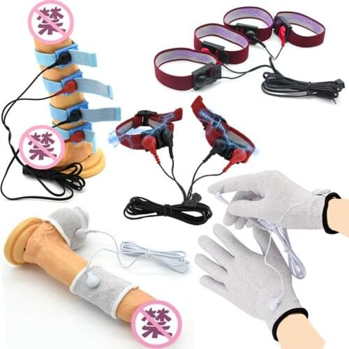 Electric Shock Conductive Fibers Penis Ring Scrotum Sleeve Massage Gloves Electro Stimulation Therapy Cock Extender Man Sex Toys