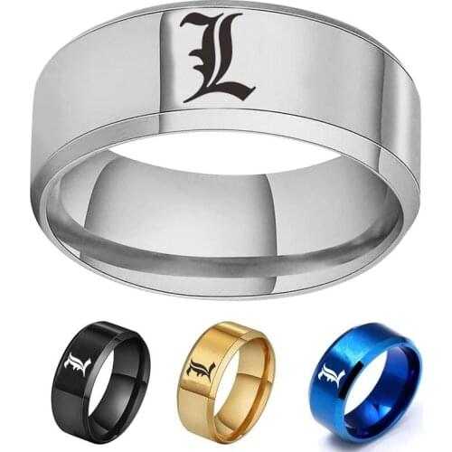 Death Note L Rings Lawliet Cosplay Anime Letter L Hip Hop Stainless Steel Punk Finger Ring For Men Women Fashion Party Jewelry