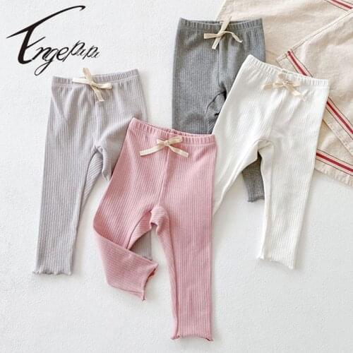 Engepapa 2021 New Autumn Baby Girls Cure Wooden Ear Edge Leggings Pure Color Elastic Waist Pants Infant Baby Girls Clothing