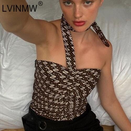 LVINMW Halter Lace Up Printed Fashion Skinny Sleeveless Crop Top Backless Slim Sexy Designed Tank Tops Women Abstract Clothing