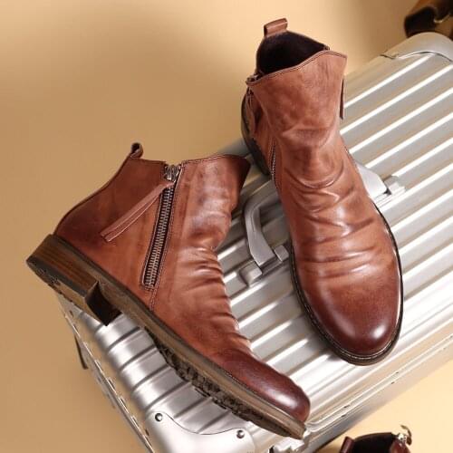Men Boots PU Leather Shoes Male Solid Color ZIP Fashion Ankle Boots Male Footwear Size 38-48