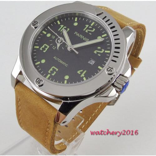 44mm Parnis Black Dial Stainless steel case super Luminous marks Luxury Brand Date Automatic Movement mens Watch