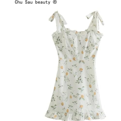 Girl Shoulder Straps Slim A-Line Short Edible Tree Fungus Summer French Fresh Lemon Print Camisole Lace-Up Dress Women 2021