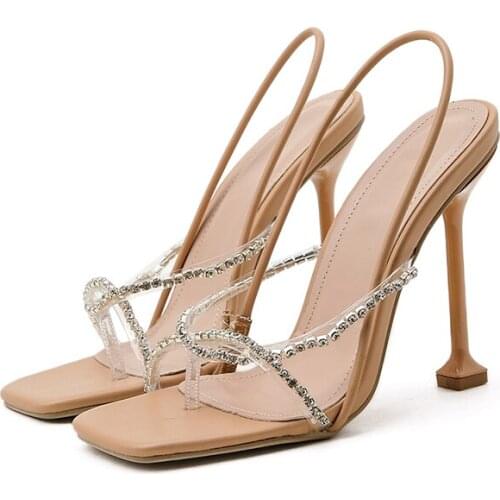 2021 New Summer women elegant crystal wedding party shoes sexy thong sandals female rhinestone strap slip on high heels sandals