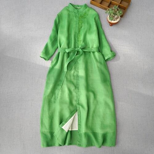 Spring Summer New Arrivals Women Brief Loose Plus Size Embroidery Comfortable Water Washed Thin Ramie White Dresses 3 Colors