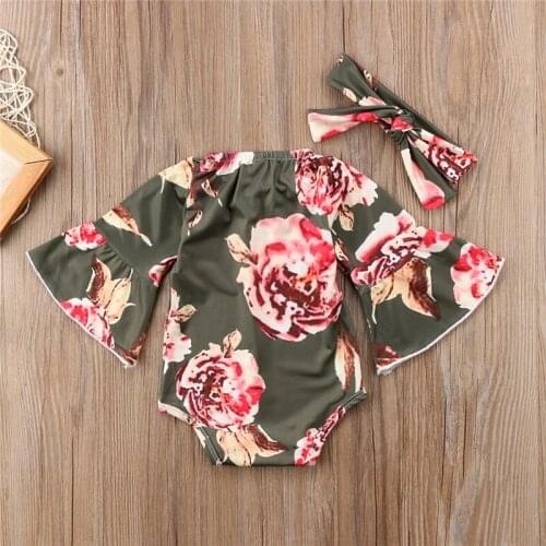 Newborn Baby Infant Toddler Girl Romper Long Flare Sleeve Jumpsuit Summer Playsuit Headband 2pcs Casual Outfits Baby Clothes New