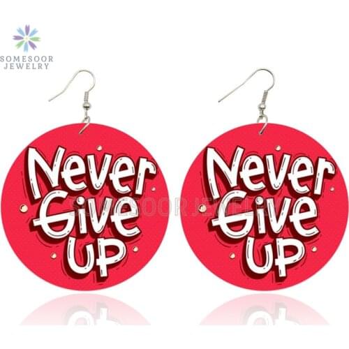 SOMESOOR Good Luck Never Give Up Pink Wooden Drop Earrings Inspired Sayings Printed Wood Loops Dangle Jewelry For Women Gifts
