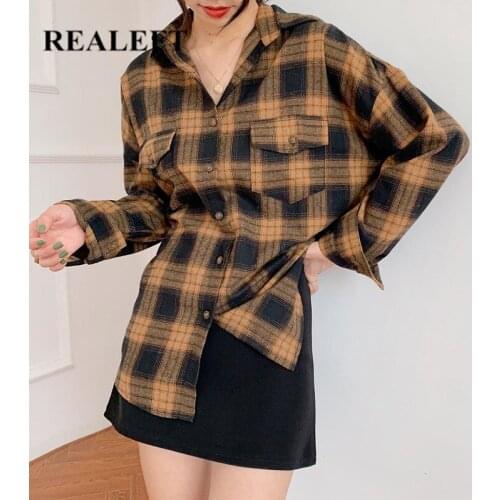 REALEFT Double Pockets Turn-down Collar Woolen Plaid Womens Tops 2021 New Autumn Winter Loose Female Outwear Workwear Jacket