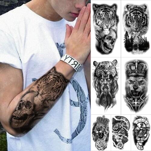 Waterproof Temporary Tattoo Sticker Skull Tiger Hunter Flash Tattoos Lion Animal Wolf Rose Cross Wings Body Art Arm Fake Tatoo