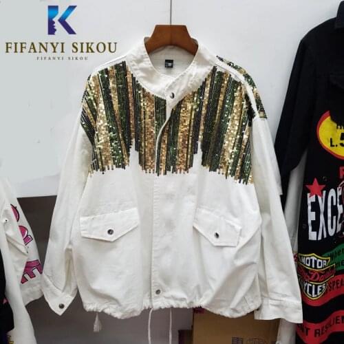 Streetwear Women Fashion Sequins Denim Jacket Pocket Stand Collar Long Sleeve Jeans Jacket 2020 Autumn Womens Loose Jeans Coat