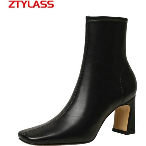 2021 New Autumn Winter Retro Ankle Boots Women Square High Heel Stretch Boots Fashion Zipper Square Toe Shoes Woman Black White