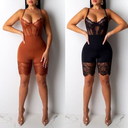 Women Spaghetti Strap Perspective Lace Patchwork Zipper Nightclub Rompers Jumpsuit HSJ88