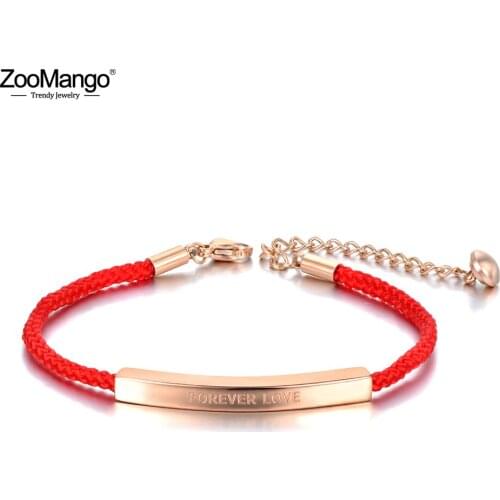 ZooMango Titanium Stainless Steel Forever Love Charm Bracelets Bangle For Women Red Rope Strand Bracelet Jewelry ZB20015