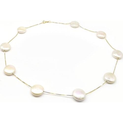 10-12mm White Real Freshwater Cultured Coin Pearl Necklace 14k/20 Solid Yellow Gold