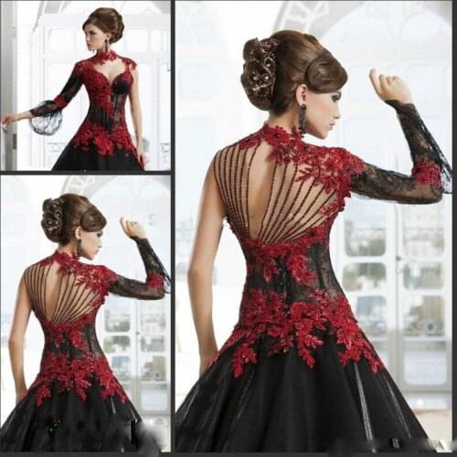 2019 Victorian Gothic Masquerade Wedding Dress Black And Red Dress Formal Event Gown Plus Size