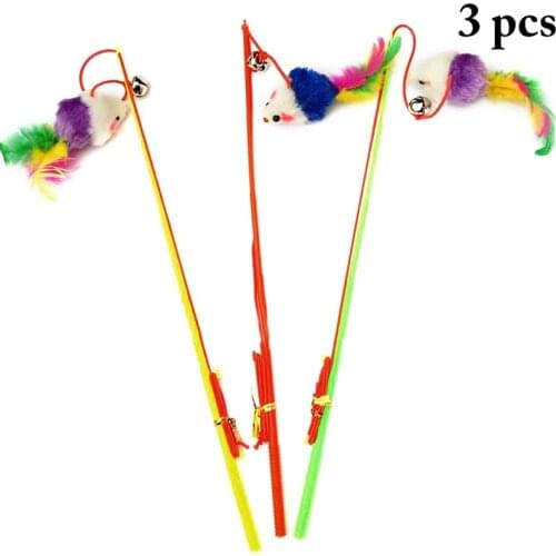 3pcs Pet Cat Teaser Toys Feather Wand Cat Catcher Teaser Stick Cat Interactive Toys Rod Mouse Toy with Bell for Cats Kitten