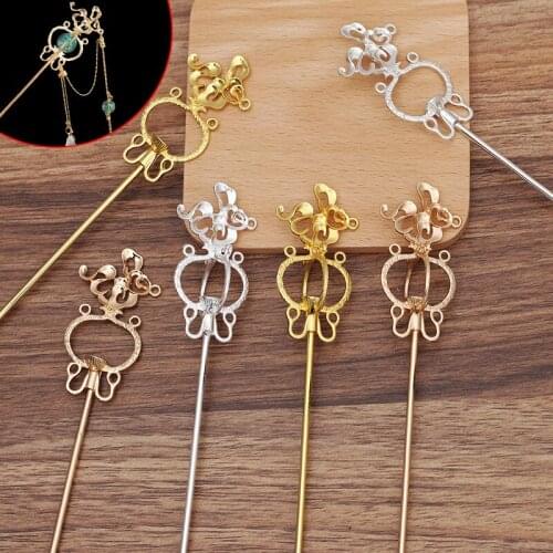 5 PCS 26.5*56mm Gold Silver Plated Flowers Hair Sticks DIY Handmade Metal Alloy Retro Hair Accessories For Jewelry Making