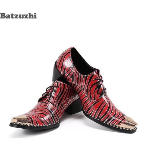 Batzuzhi Red Leather Dress for Mens Party & Wedding 6.5cm High Heels Mens Shoes Golden Metal Toe Lace-up Punk Zapatos Hombre