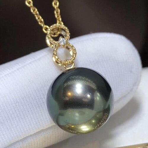 D203 Fine Jewelry 18K Gold Natural Ocean Tahiti Black Pearl 12-11mm Pendants Necklaces for Women FIne Pearls Pendants