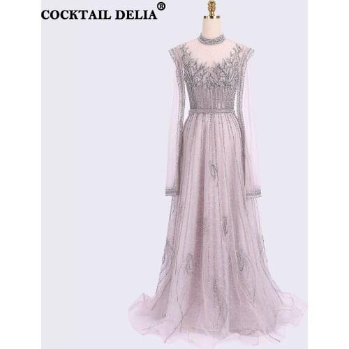 Purple A-Line Womens Evening Dresses Long Luxury 2021 Elegant Ceremony Dubai Prom Dress for Muslim Sparkly Beading Formal