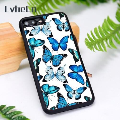 LvheCn Silicone Rubber Phone Case Cover for iPhone 6 6S 7 8 Plus X XS XR 11 12 Mini Pro Max Blue butterflies