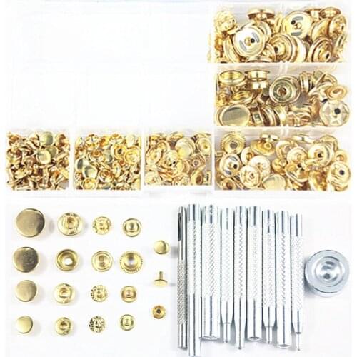 40set Metal Gold Snap Fastener Press Stud Buttons Poppers Leather Craft+50set 8MM Rivets for Leather+10pcs Fixing Tools Kit+Box