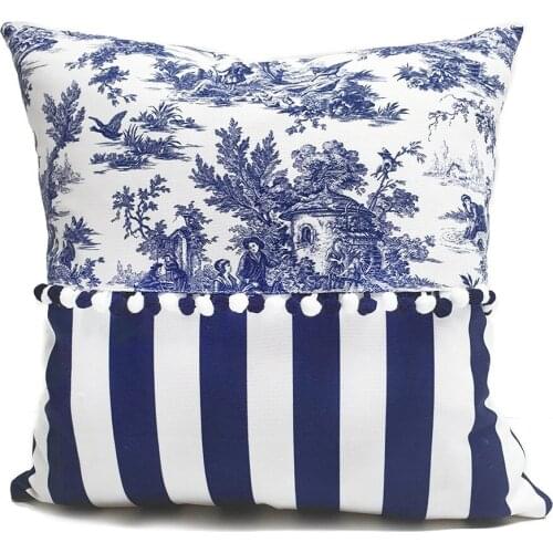 Navy Striper Bleu Blanc Handmade Linen Fabric Cushion Cover Pillowcase 2PCS Set / 45CM X 45CM