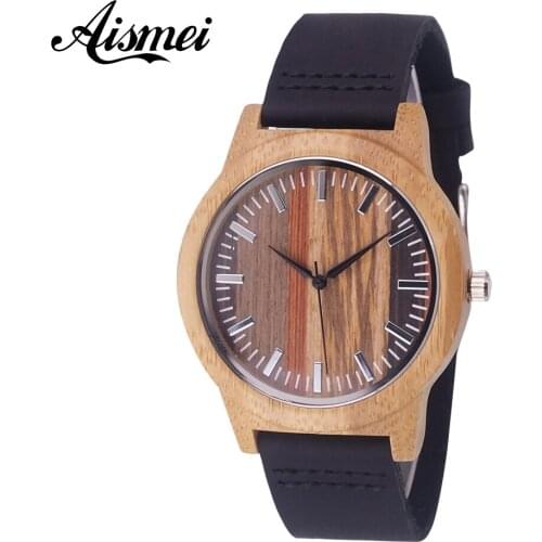 2018 New Aismei Colorful face Design Bamboo wood Watches Quartz Wooden Wristwatches Genuine Leather Men Women Luxulry Watches