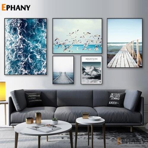 Ocean Landscape Canvas Poster Nordic Sea Bird Wall Art Print Painting Decoration Picture Foggy Mountain Scandinavian Home Decor