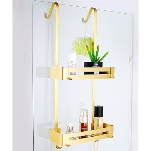 Bathroom Shower Shelf Gold Wall Hanging Basket Space Aluminum Toilet Storage Rack Free Punching Bathroom Organizer Accessories