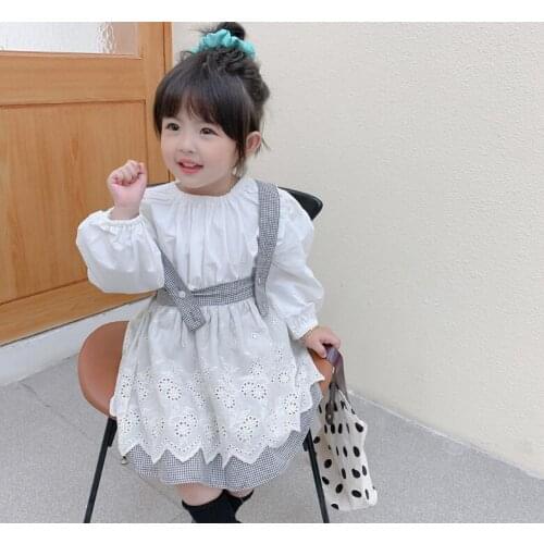 Retail 2021 Baby Girls Fashion Dress Sets, White Blouse + Suspend Dress 1-6T