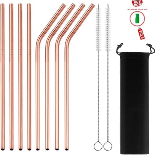 Rose Gold Reusable Metal Straws Set with Cleaner Brush 304 Stainless Steel Drinking Straw Milk Drinkware Bar Party Accessory