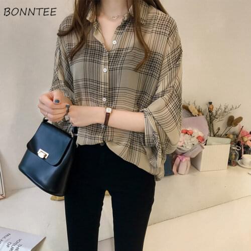 Shirts Women Casual Simple Single Breasted Plaid Korean Style Loose Long Sleeve Womens Shirt Trendy All-match Large Size Elegant