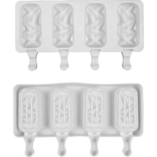 Silicone Ice Cream Molds 4 Cell Ice Cube Tray Food Safe Popsicle Maker DIY Homemade Freezer Ice Lolly Mould with Wooden Sticks