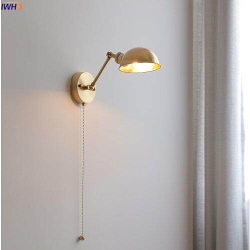 IWHD Nordic Copper Modern Wall Lamp Sconce Pull Chain Switch Bedroom Living Room Bathroom Mirror Light Wandlamp Luminaria LED