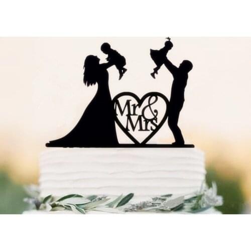 Family Style Bride and Groom with Little Girl and Boy Wedding Cake Toppers,Black Acrylic Cake Topper Cake Accessory decorating