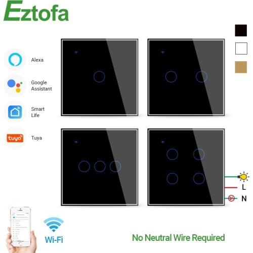 Smart Wall Touch Switch,No Neutral Wire WiFi Switch, Tuya Wireless Control, Works With Alexa Google,1 2 3 4 Gang,EU UK 220v