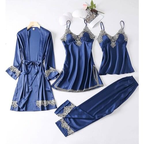 Spring and Autumn Sexy Pajamas Female Ice Silk Four-piece Suit with Chest Pad Suspenders Nightdress Nightgown Thin Home Service