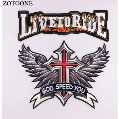 ZOTOONE Embroidered Iron On Patches 1pcs Large Punk Biker Rock God Speed You Cross Wing Badge Biker Patches For jacket Clothing