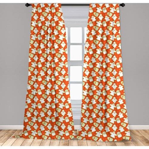 Burnt Orange Window Curtains Funny Halloween and Ghost Graphic on Skull Bat Background Design Home Window Drapes with Rod Pocket