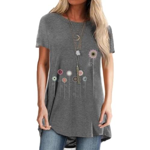 Women Casual Floral Print Short Sleeve O Neck Irregular Hem Loose T-shirt Blouse