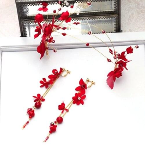 Girls Red Yarn Floral Butterfly Bridal Hair Band Wedding Accessories Headpiece Women Crowns Pageant Hair Earrings Jewelry