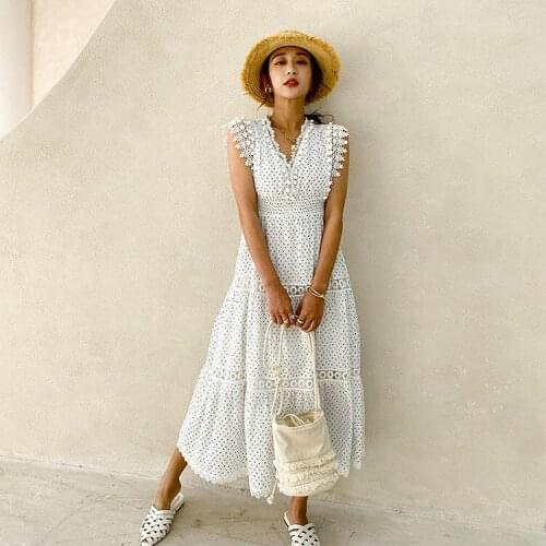 Femme Summer New Bohemian Midi Dress Sleeveless Tassel Hollow Out Sweet Long Dress Elastic Waist Patchwork Lace Holiday Vestidos