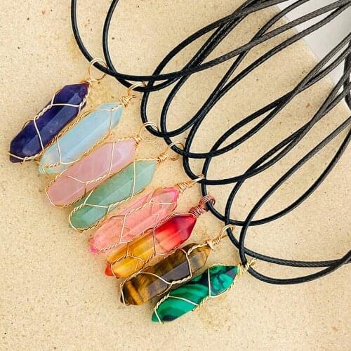 Halloween Natural Stone Pendant Necklaces for Women Fashion Jewelry Stainless Steel Leather Rope Necklace Wholesale Bulk