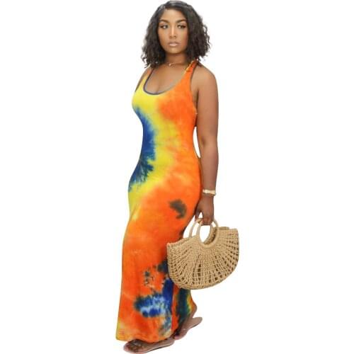 2020 Summer Women Sexy Tie-dye Print Beach Dress African Sundress Casual Sleeveless Long Maxi Dress Tank Robe Elegant Vestidos