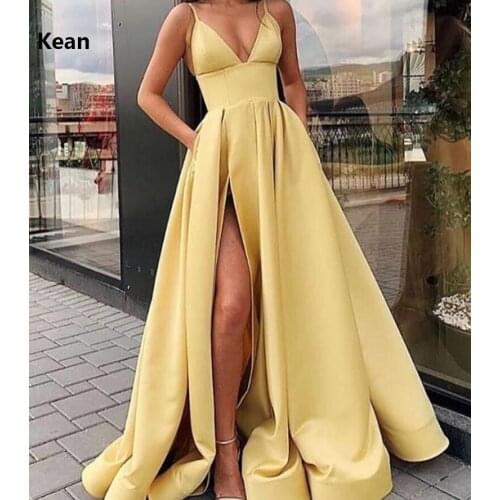 Yellow Prom Dresses Spaghetti Straps V-neck Pocket Slit Party Dress Prom Gown Evening Dresses Robe De Soiree vestidos