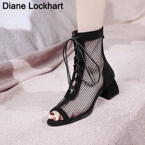 2020 Mesh Summer Boots Women Fashion Peep Toe Lace-up High Heels Women"s Shoes Female Sandals Dress Black Pumps Big Size 42 43
